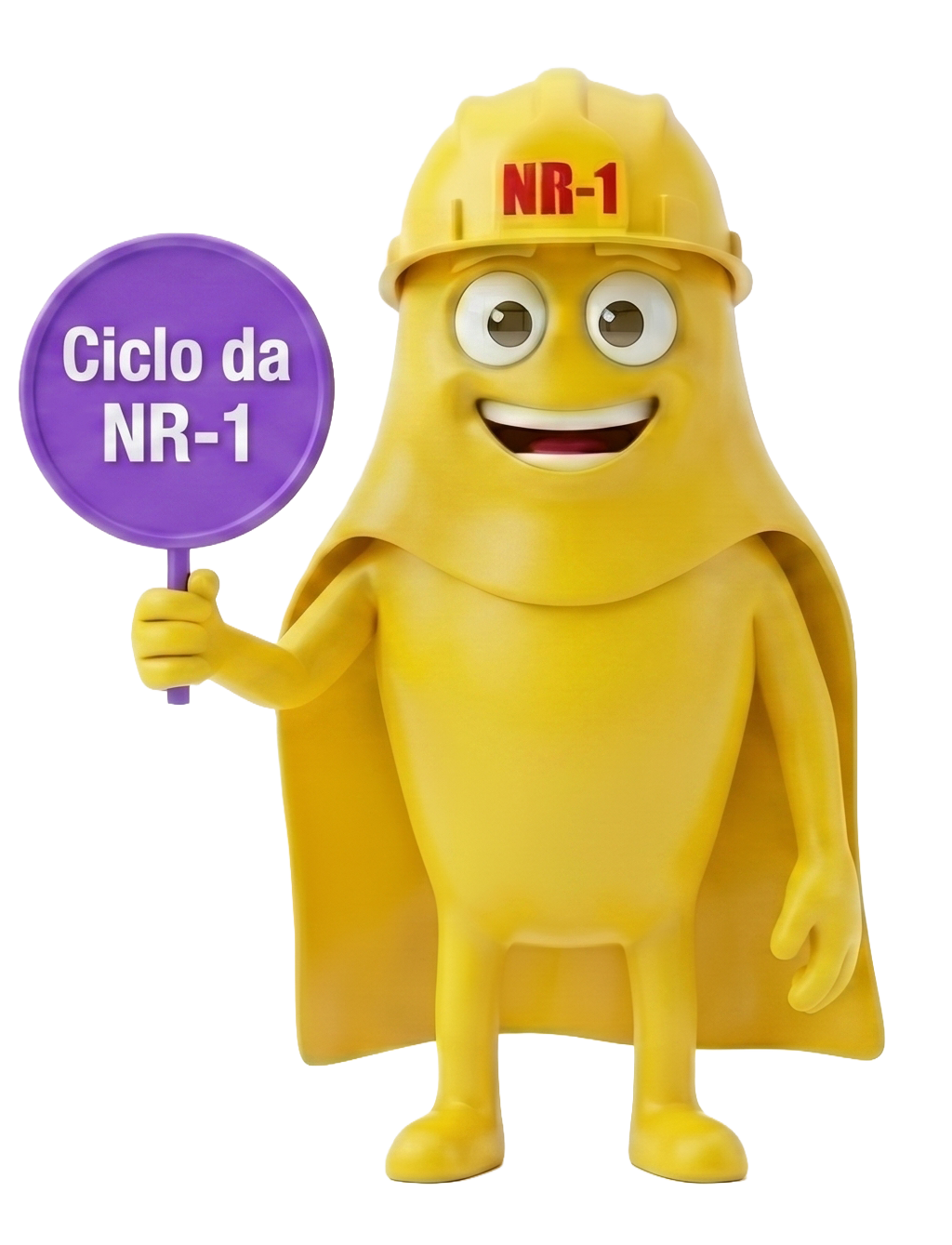 Mascote NR-1 segurando a placa Ciclo da NR-1