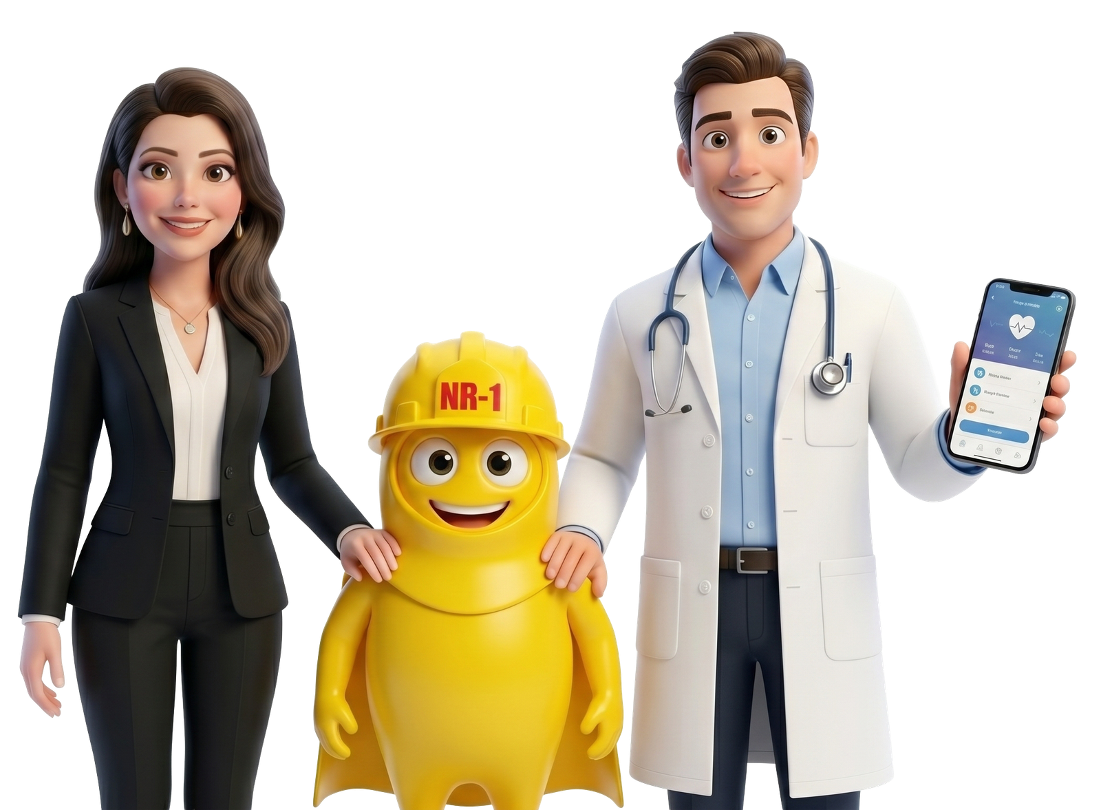 Gestora de RH, o mascote NR-1 da MenteNR1 e um médico do Dr.Cim com o app de telemedicina