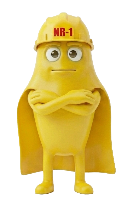 Mascote NR-1 de braços cruzados, entre as duas frentes de risco