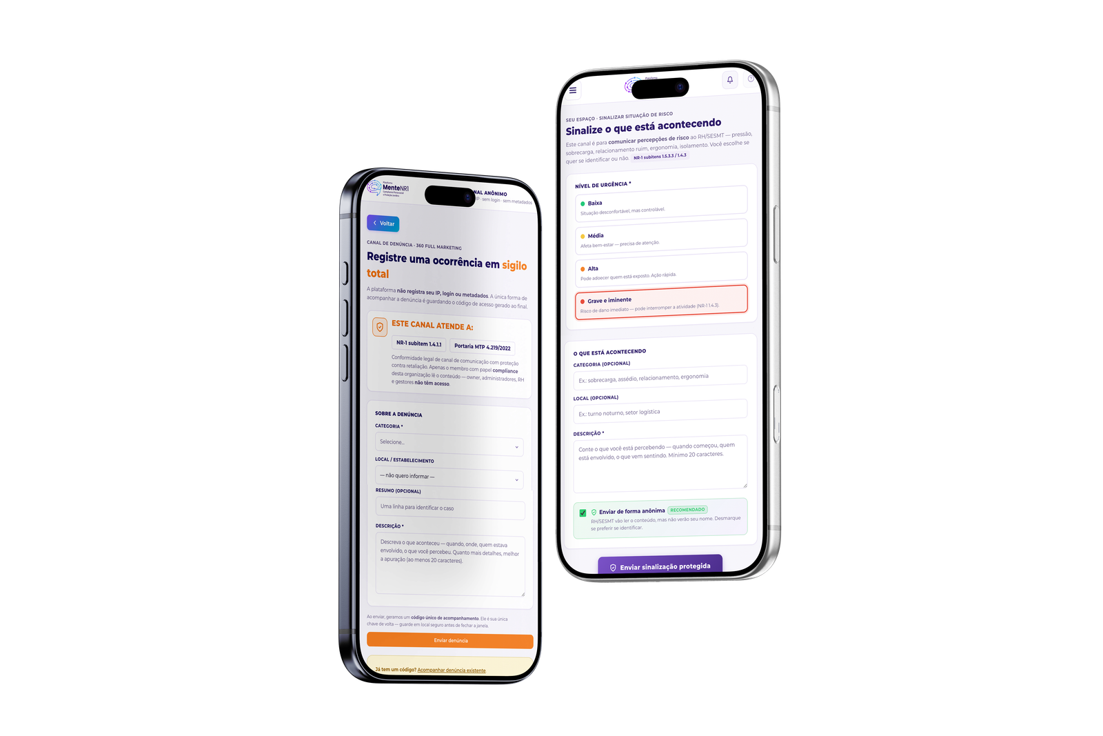 Canal de denúncia anônimo e sinalização de risco no app da MenteNR1